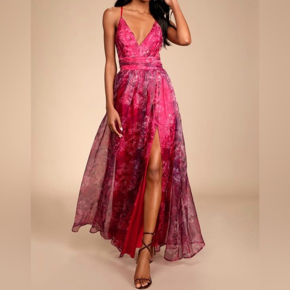 Lulus Magenta Floral Print Organza Maxi Dress - Picture 1 of 6